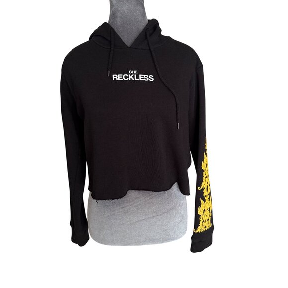 Young & Reckless Womens Cropped Hoodie Sweatshirt Black & Yellow - Picture 2 of 7